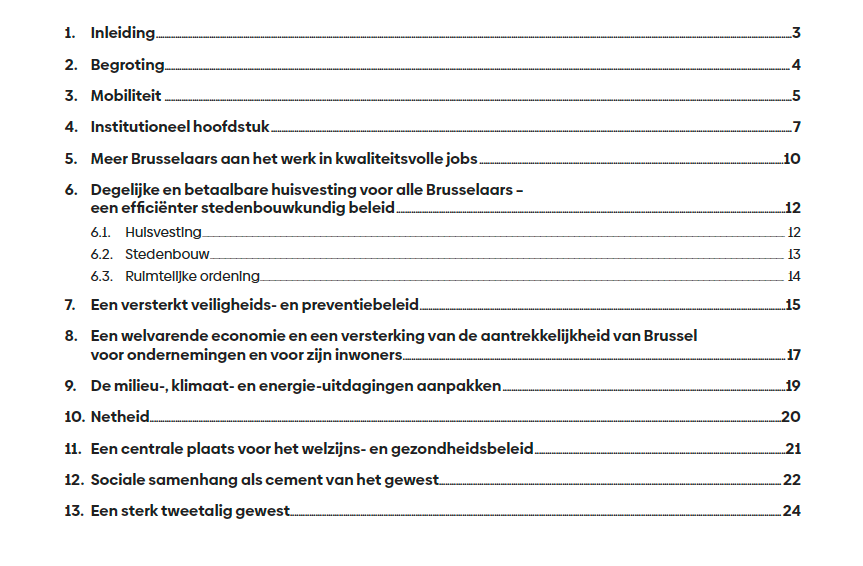 Inhoud Gewestelijke beleidsverklaring van de Brusselse regering 13 FEBRUARI 2026