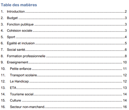 COCOF 2026-2029 table des maières
